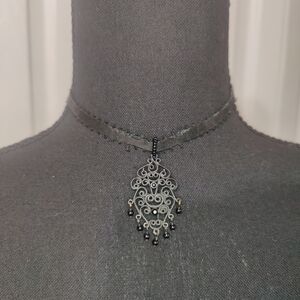Vintage Filligree Choker Ribbon Black Beaded Pendant Goth Emo Punk Y2K Necklace